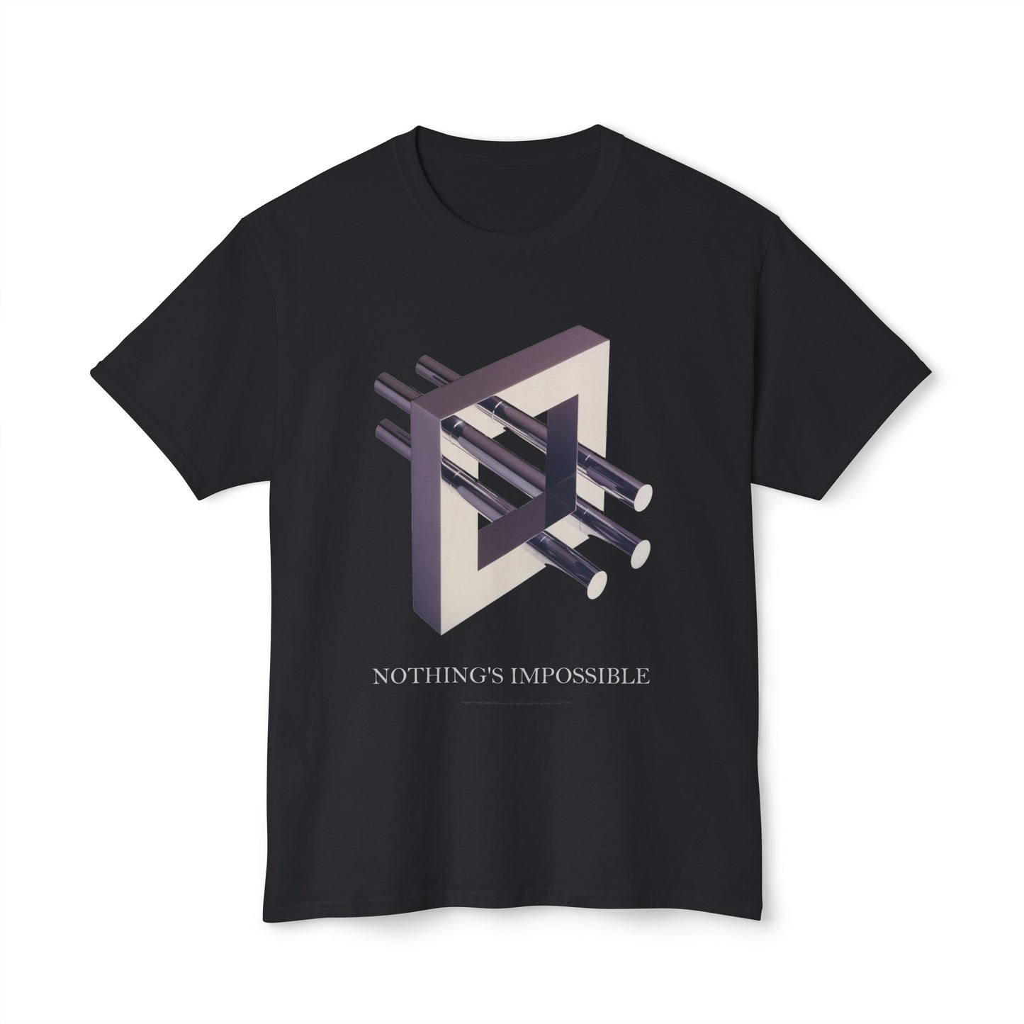 T-Shirt with art inspired by M.C. Escher "Nothings Impossible" - for lovers of  art, technology, optical illusions and mind bending 3D images