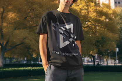 T-Shirt with art inspired by M.C. Escher "Nothings Impossible" - for lovers of  art, technology, optical illusions and mind bending 3D images
