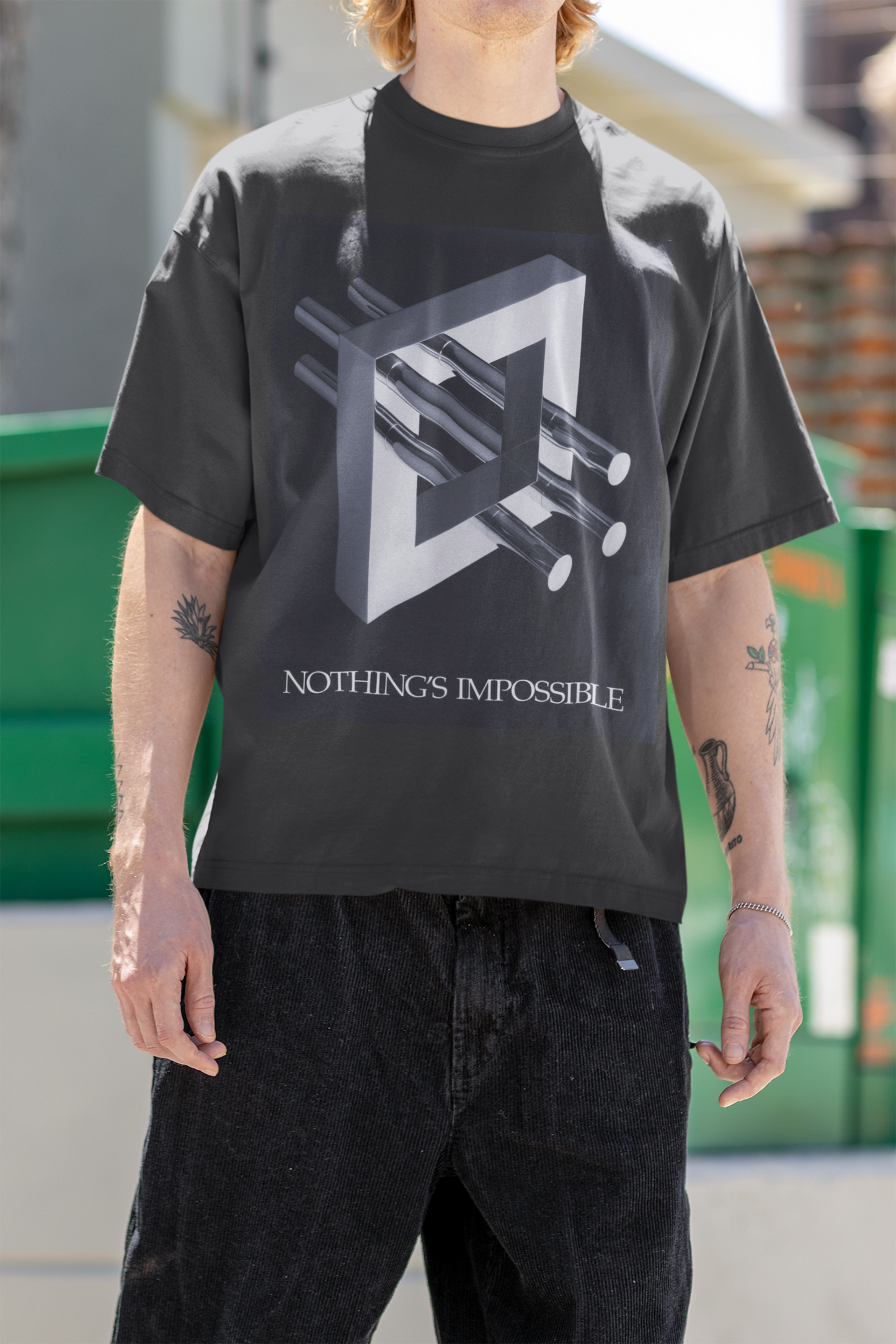 T-Shirt with art inspired by M.C. Escher "Nothings Impossible" - for lovers of  art, technology, optical illusions and mind bending 3D images